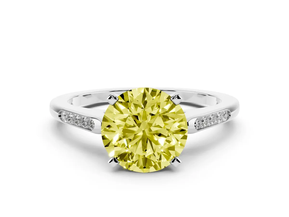 Fancy Yellow Round Cut Diamond Solitaire Ring with Channel Set Round Band and Prong Setting Silver