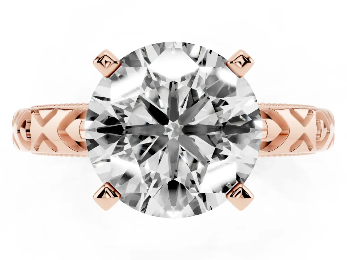 Round Cut Solitaire Diamond Engagement Ring with XO Engraved Band and Four-Prong Setting Rose gold