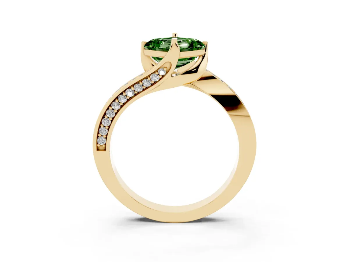 Fancy Green Asscher Cut Solitaire Diamond Twist Band with Pavé Setting and Four-Prong Setting Yellow gold