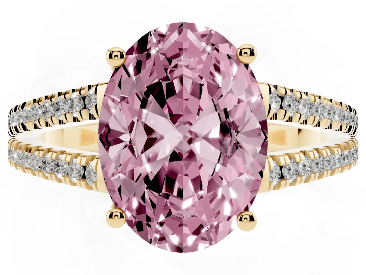 Fancy Pink Oval Cut Diamond Solitaire Engagement Ring with Split Shank Pavé Band Yellow gold