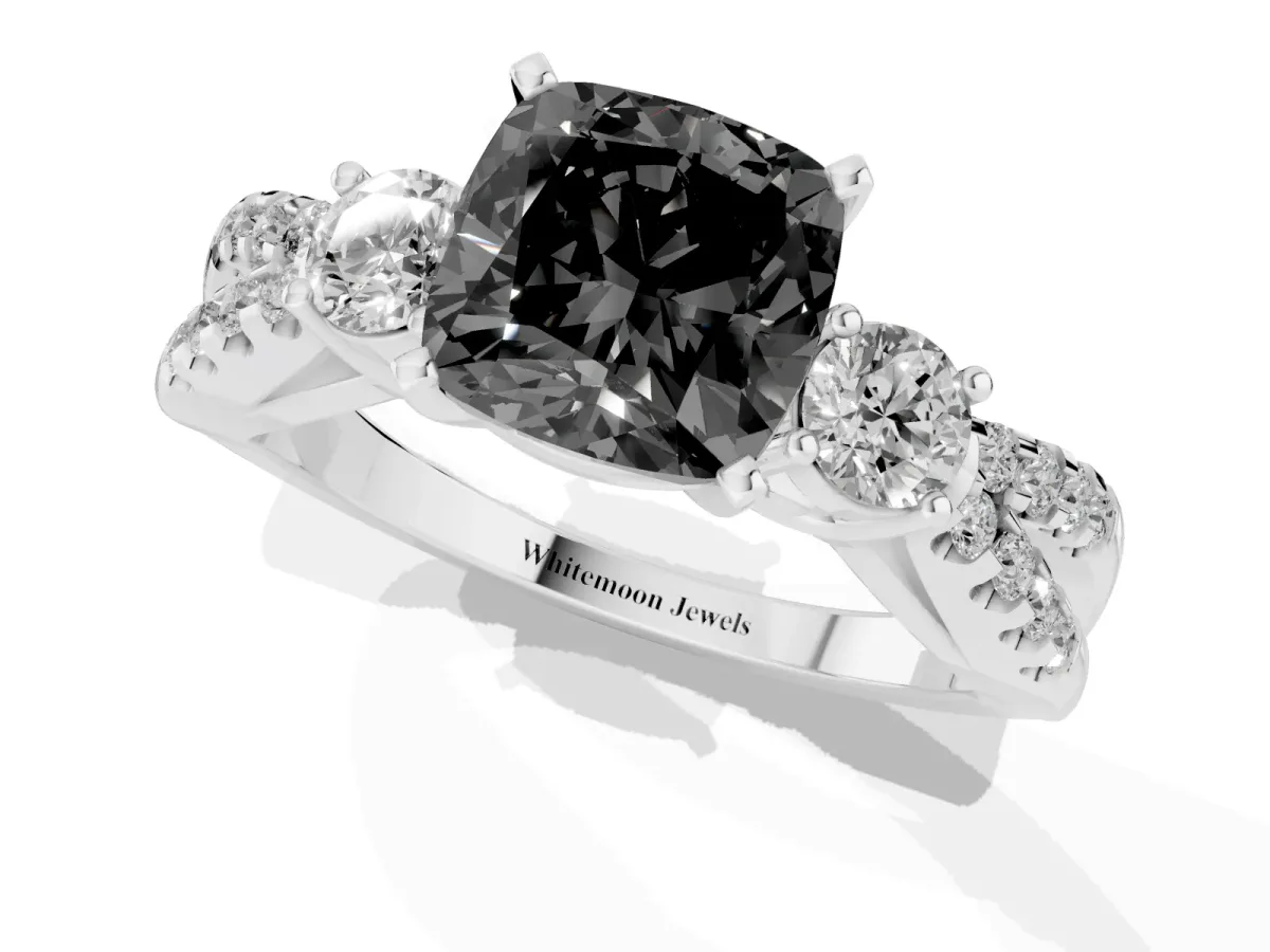 Fancy Black Cushion Cut Diamond Three-Stone Ring with Pavé Split Shank and Four-Prong Setting Platinum