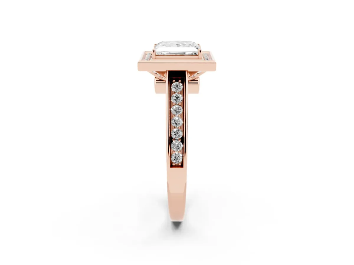 Princess Cut Halo Solitaire Diamond Ring with Pave Band and Bezel Setting Rose gold