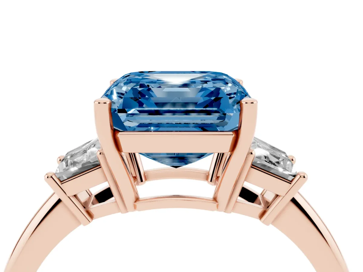 Fancy Blue Asscher Cut Diamond Three-Stone Ring with Trapezoid Side Stones and Prong Setting Rose gold