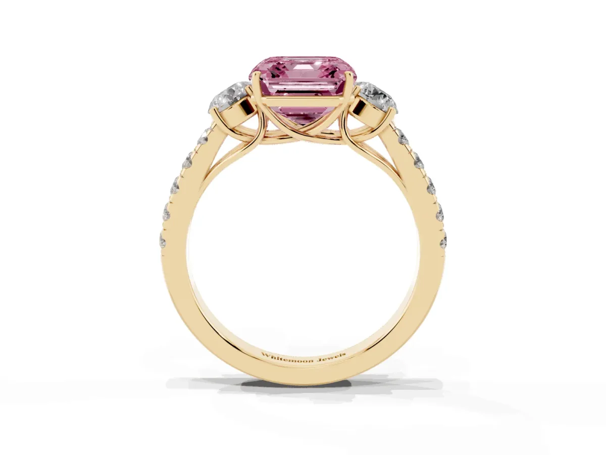 Fancy Pink Asscher Cut Cut Diamond Three-Stone Ring with Round Side Stones and Pavé Band Yellow gold
