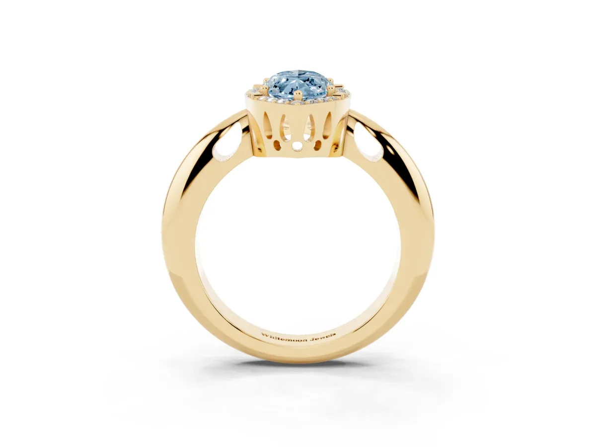 Fancy Blue Marquise Cut Cut Diamond Halo Engagement Ring with Split Shank and Four-Prong Setting Yellow gold