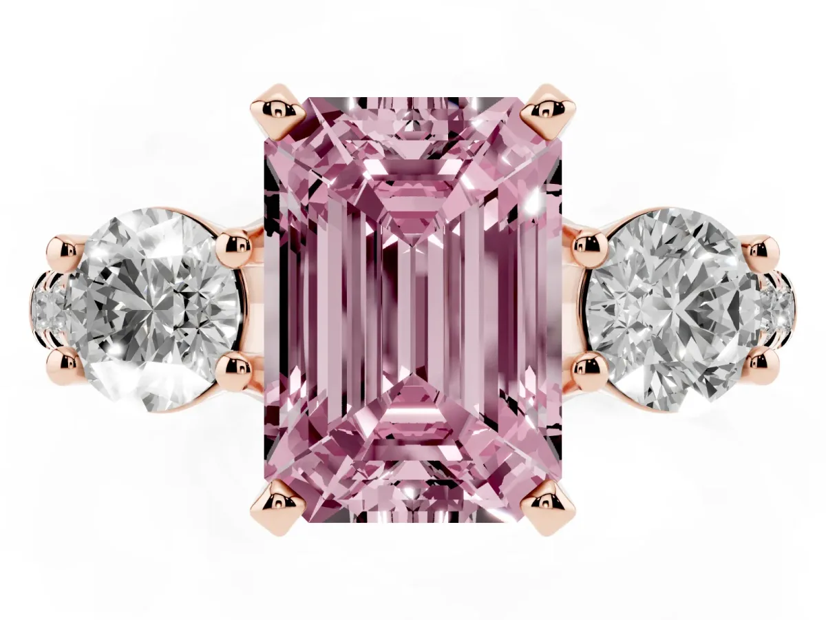 Fancy Pink Three-Stone Emerald Cut Diamond Pavé Band with Four-Prong Setting Rose gold