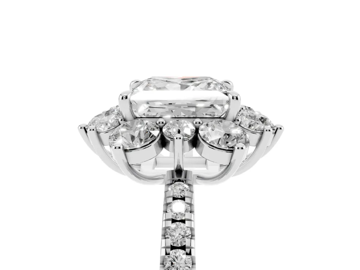 Princess Cut Diamond Floral Halo Ring with Round Pavé Band and Prong Setting Silver