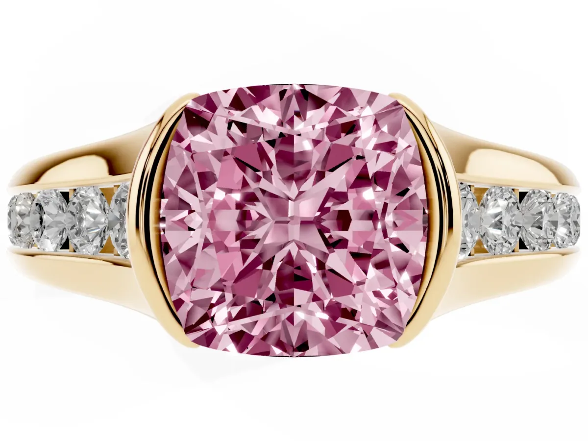 Fancy Pink Cushion Cut Solitaire Bezel-Set Diamond Ring with Channel-Set Band Yellow gold