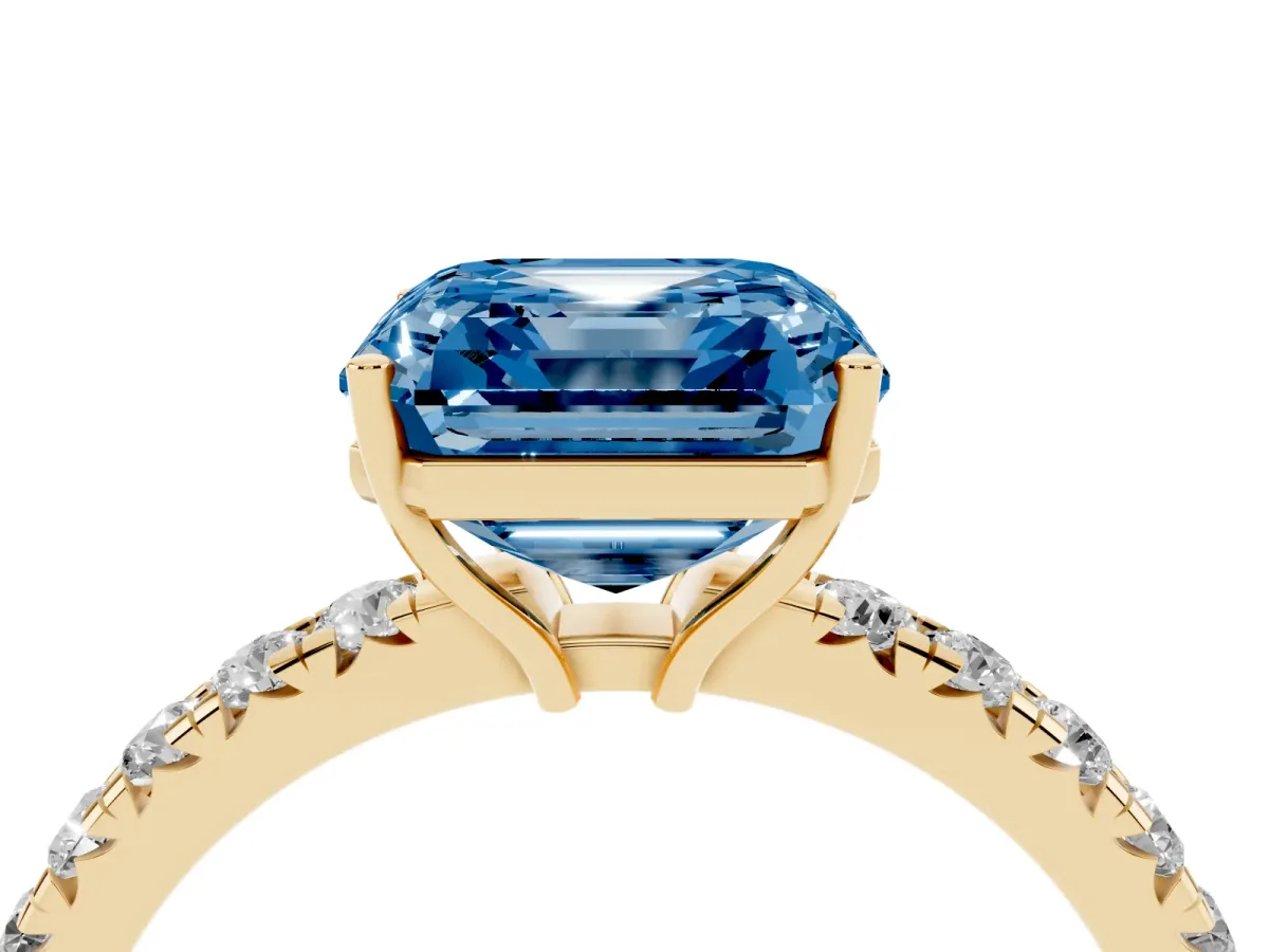 Fancy Blue Asscher Cut Diamond Pavé Solitaire Engagement Ring with Four-Prong Setting Yellow gold