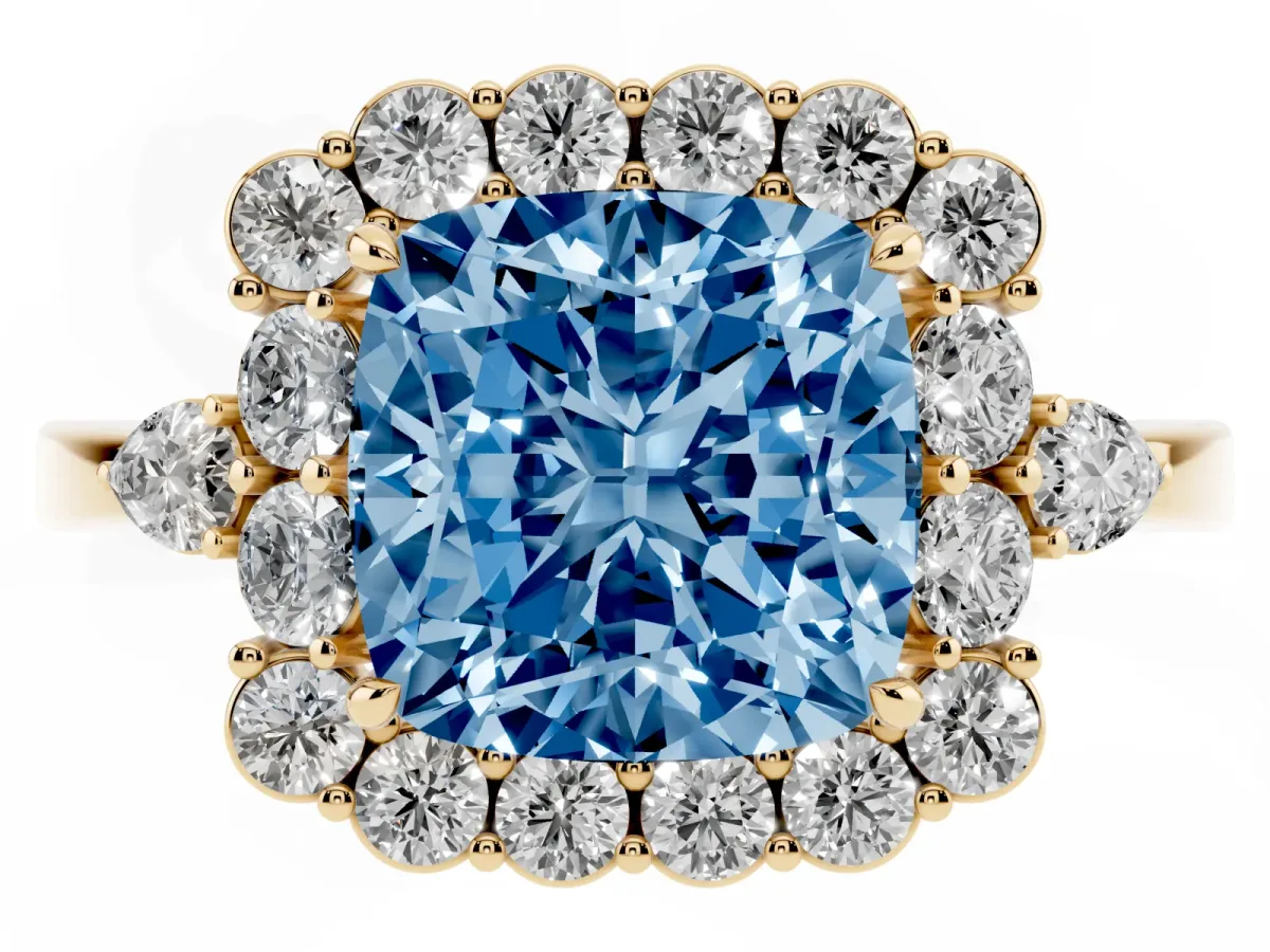 Fancy Blue Cushion Cut Diamond Halo Ring with Pear Side Stones and Prong Setting Yellow gold