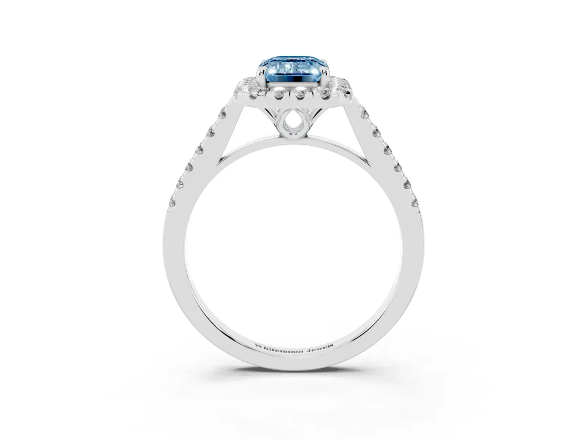 Fancy Blue Emerald Cut Halo Pavé Diamond Engagement Ring with Four-Prong Setting Silver