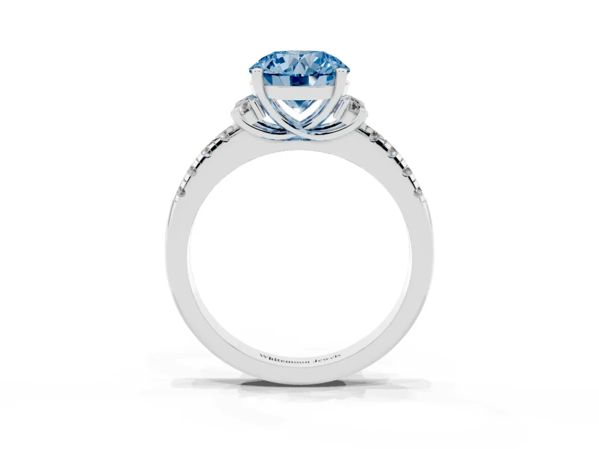 Fancy Blue Round Cut Diamond Three-Stone Pave Band with Four-Prong Setting Platinum