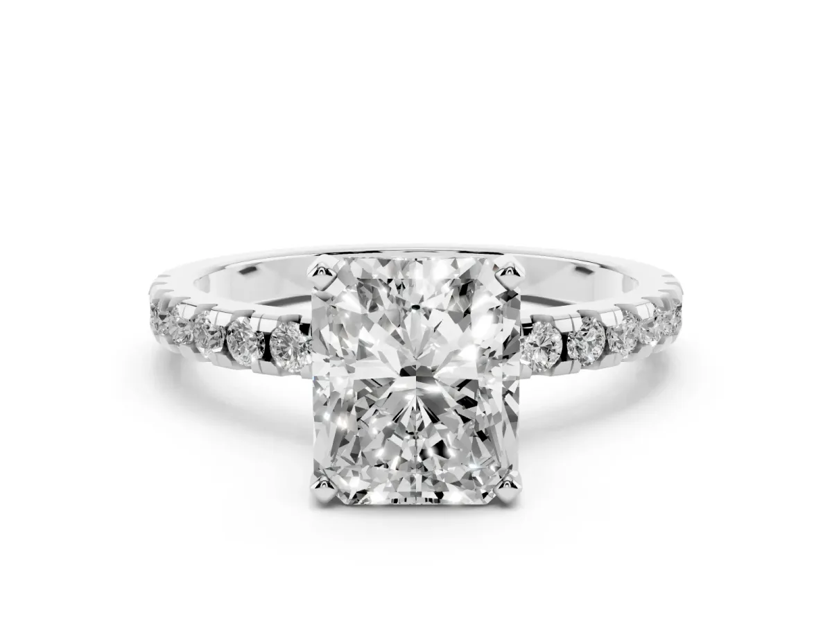 Radiant Cut Diamond Solitaire Ring with Round Pavé Band and Four-Prong Setting Silver