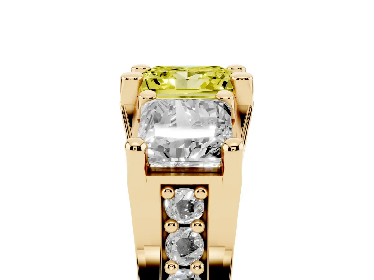 Fancy Yellow Princess Cut Diamond Three-Stone Ring with Channel Set Band and Four-Prong Setting Yellow gold