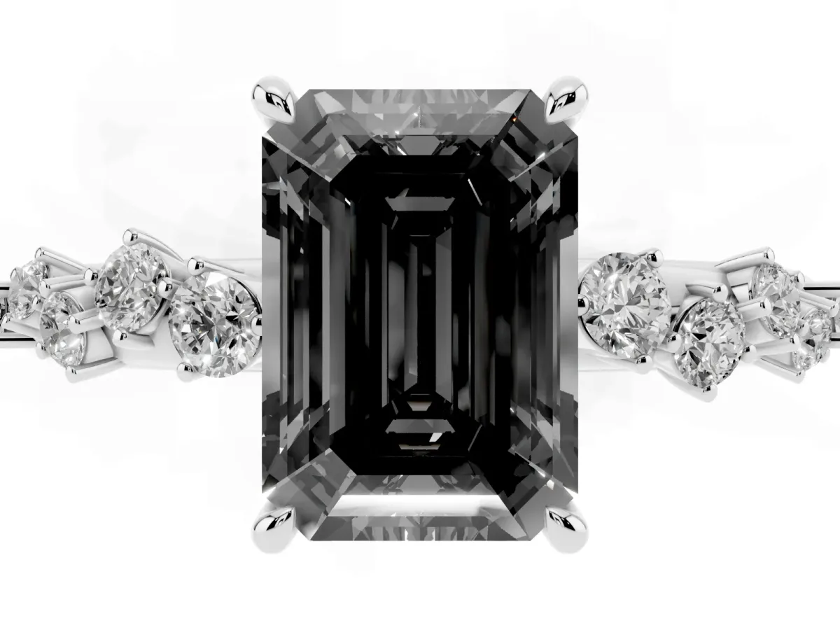 Fancy Black Emerald Cut Diamond Cluster Side Stone Solitaire Ring with Prong Setting Platinum