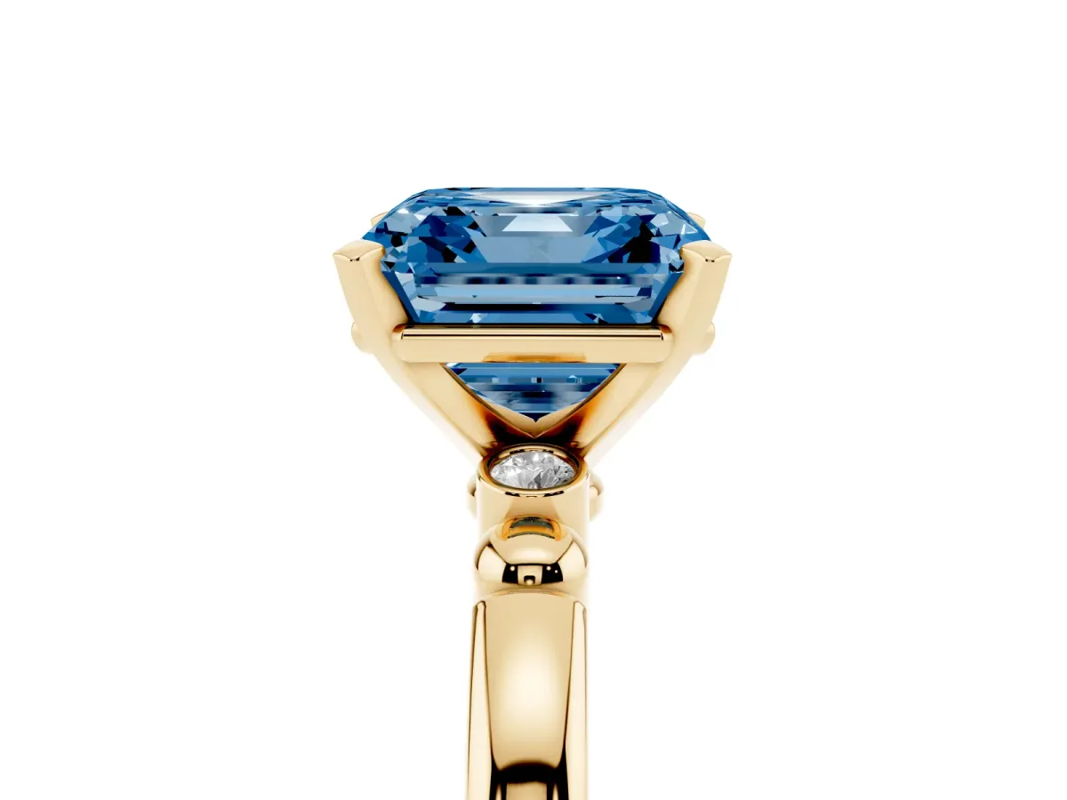 Fancy Blue Asscher Cut Solitaire Beaded Band with Four-Prong Setting Yellow gold