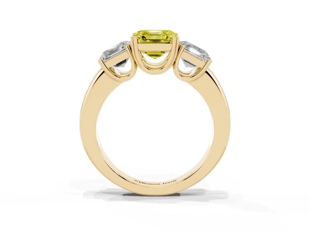 Fancy Yellow Three-Stone Asscher Cut Cut Diamond Ring with Channel Set Band and Four-Prong Setting Yellow gold