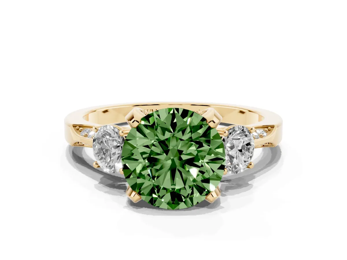 Fancy Green Round Cut Brilliant Three-Stone Diamond Ring with Pavé Band and Four-Prong Setting Yellow gold