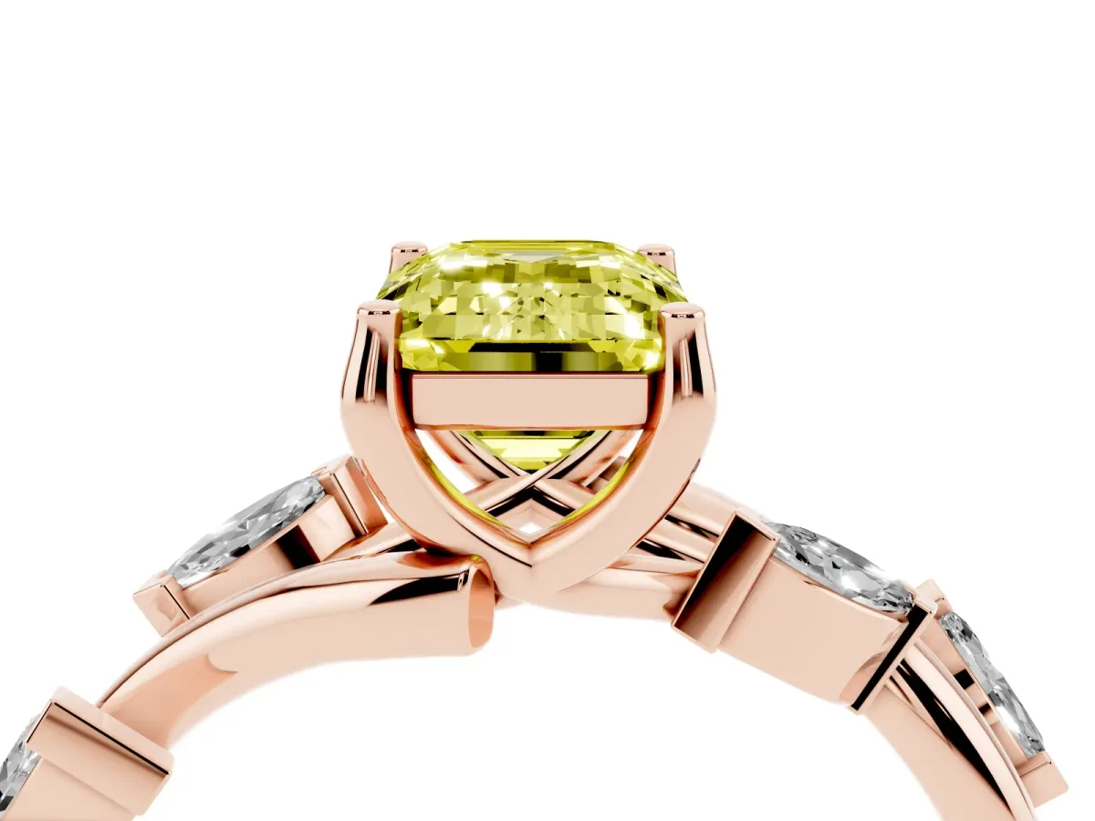 Fancy Yellow Emerald Cut Solitaire Twisted Band Marquise Accent Prong Setting Ring Rose gold