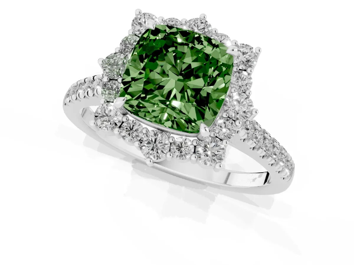 Fancy Green Cushion Cut Halo Diamond Ring with Pavé Band and Prong Setting Silver