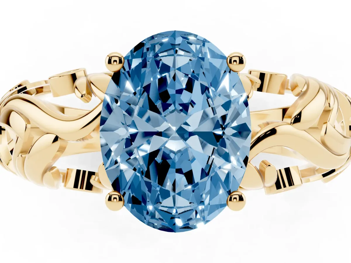 Fancy Blue Oval Cut Solitaire Diamond Leaf-Inspired Vine Band Ring with Prong Setting Yellow gold