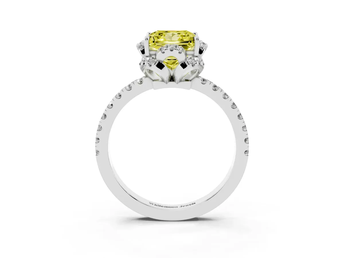 Fancy Yellow Princess Cut Diamond Halo Pave Band with Four-Prong Setting Silver