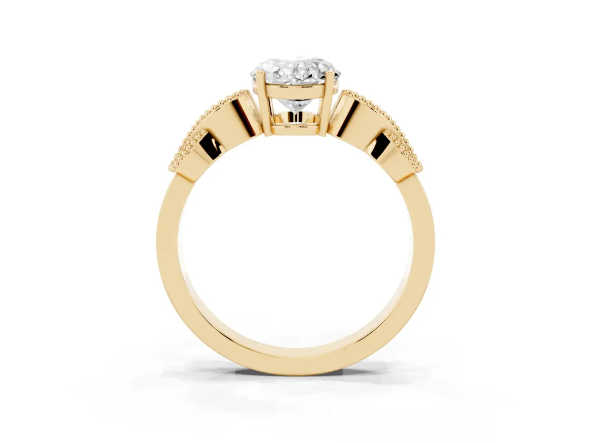 Oval Cut Solitaire Milgrain Leaf Band with Prong Setting Yellow gold