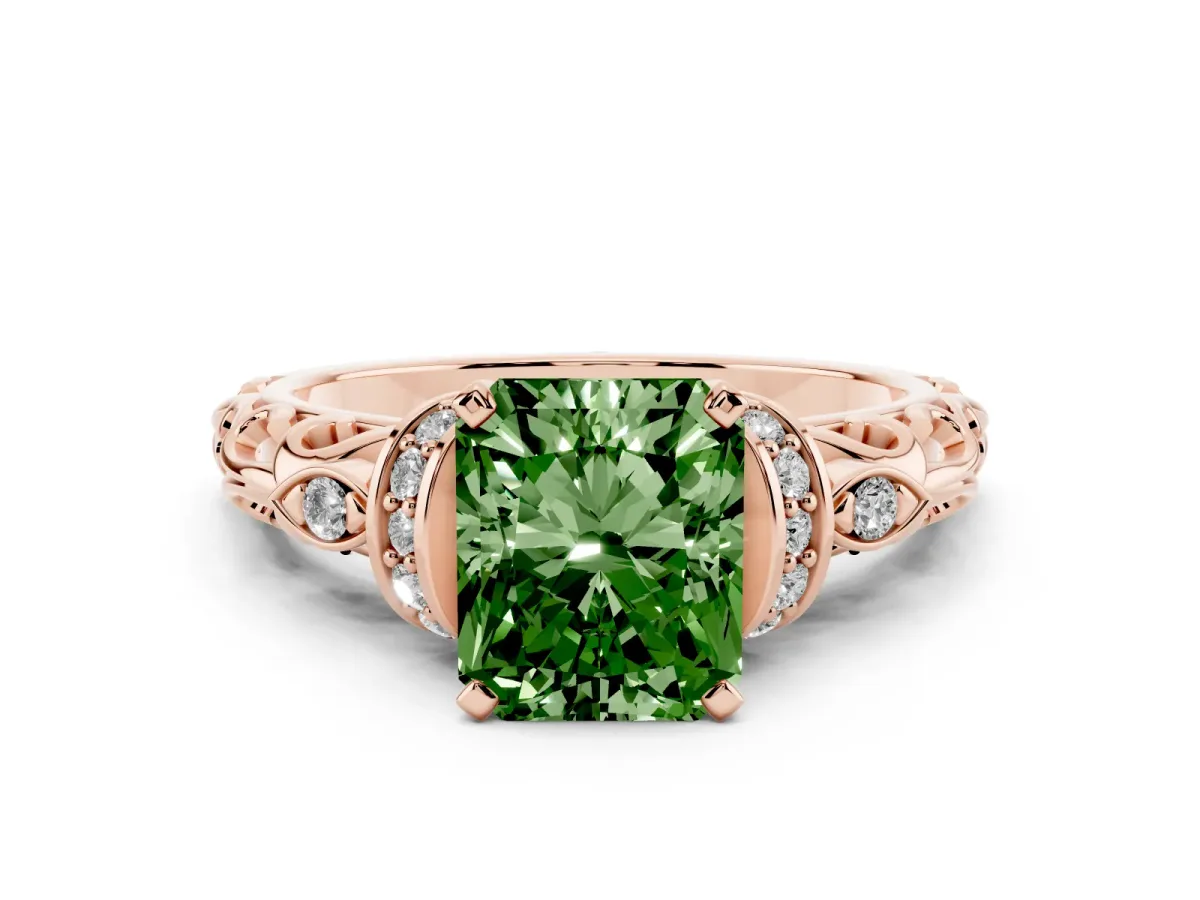 Fancy Green Radiant Cut Diamond Solitaire Ring with Filigree Band and Four-Prong Setting Rose gold