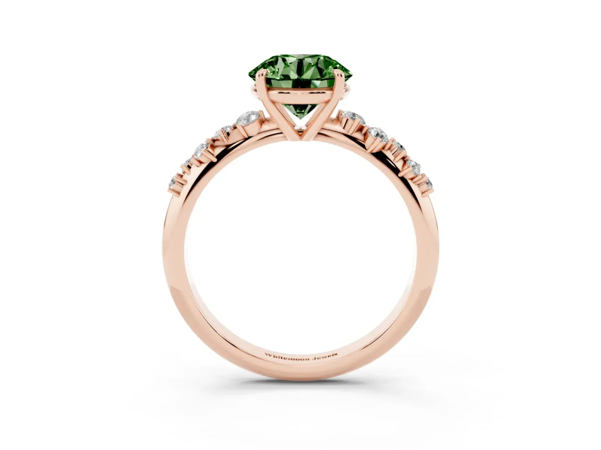 Fancy Green Round Cut Diamond Cluster Side Stone Solitaire Ring with Prong Setting Rose gold