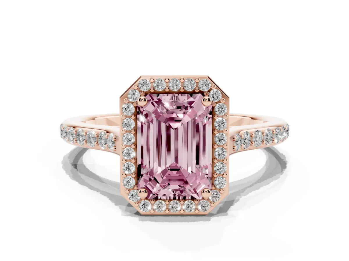 Fancy Pink Emerald Cut Diamond Halo Engagement Ring with Round Pavé Shoulders and Prong Setting Rose gold