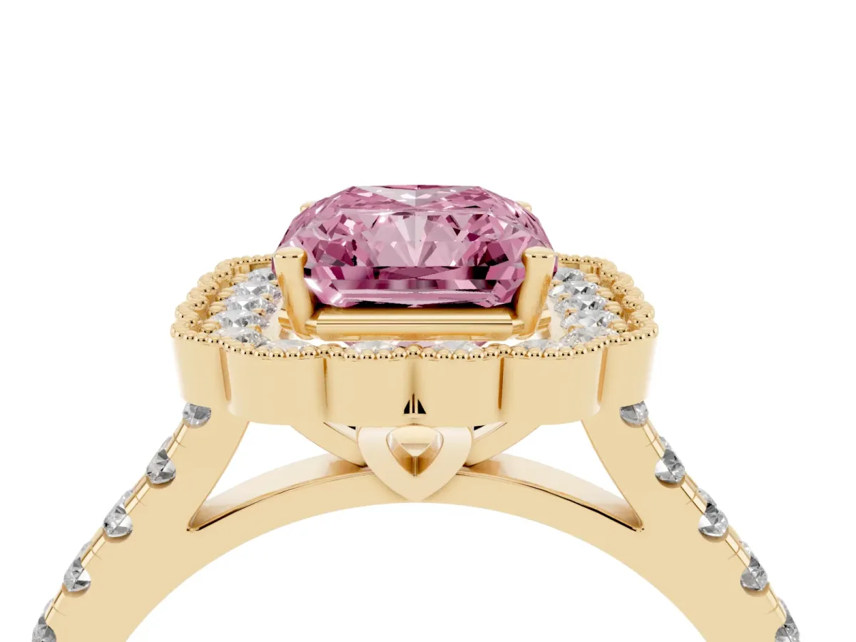 Fancy Pink Radiant Cut Cut Diamond Milgrain Floral Halo Engagement Ring with Pavé Band Yellow gold