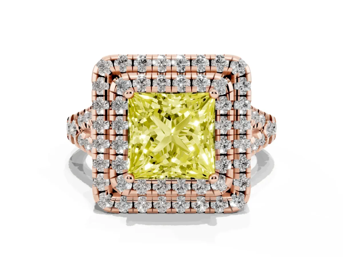 Fancy Yellow Double Halo Princess Cut Diamond Pavé Split Shank Ring with Prong Setting Rose gold