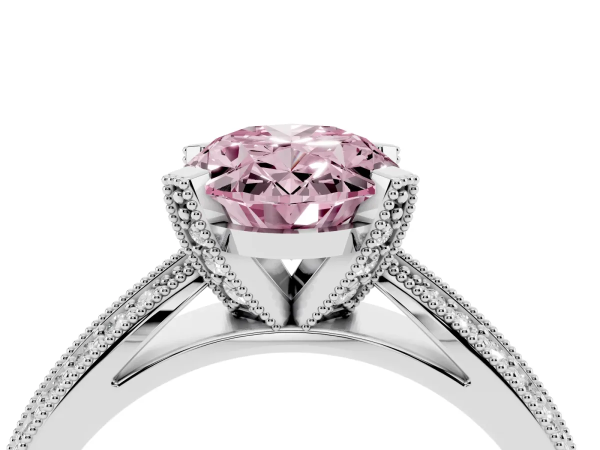 Fancy Pink Oval Cut Diamond Solitaire Ring with Milgrain Round Pavé Band and Prong Setting Silver
