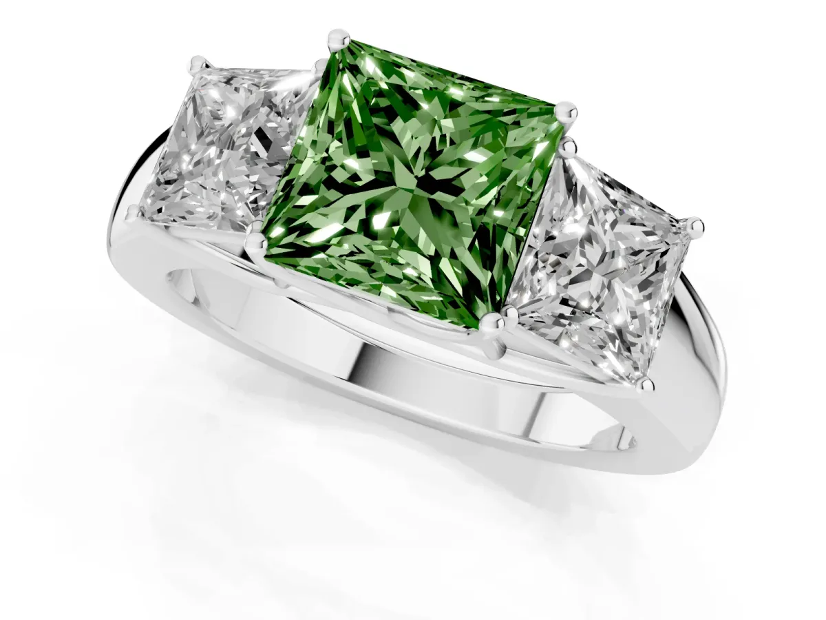 Fancy Green Three-Stone Princess Cut Cut Diamond Ring with Prong Setting and Classic Band Platinum