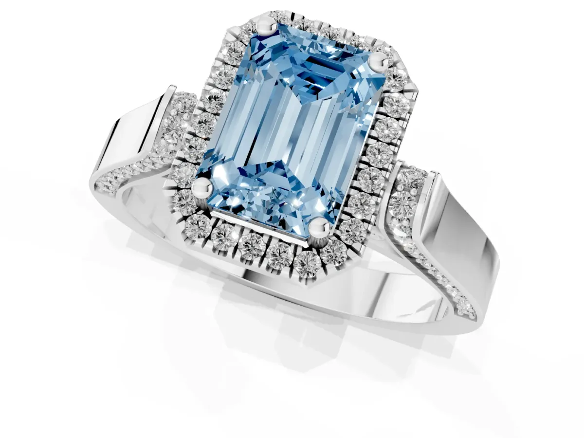 Fancy Blue Emerald Cut Halo Pave Split Shank Prong Setting Ring Platinum