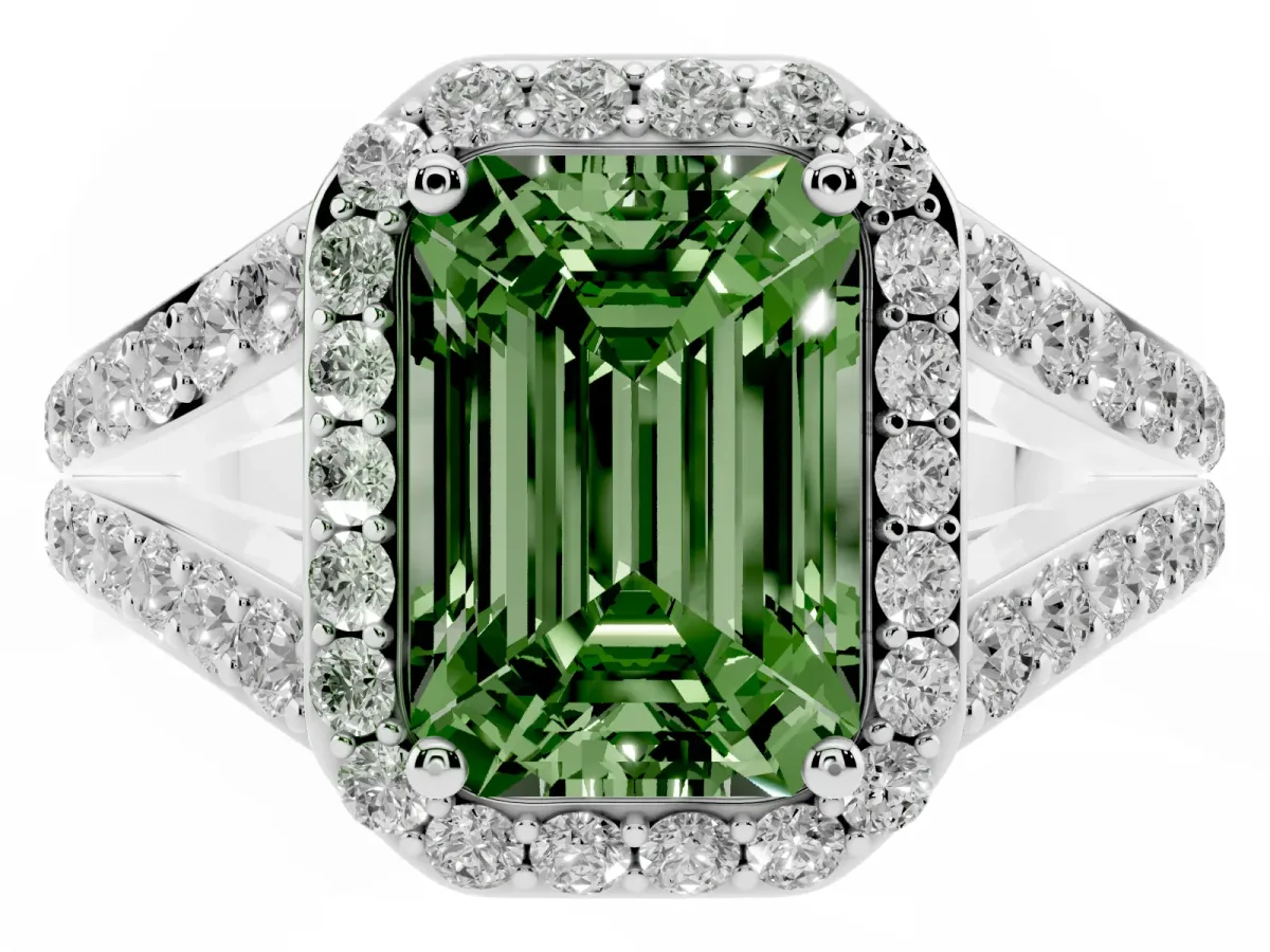 Fancy Green Emerald Cut Diamond Split Shank Halo Ring with Four-Prong Setting Platinum
