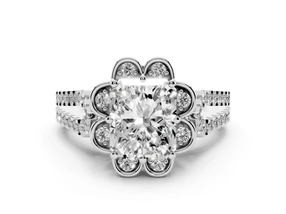 Radiant Cut Halo Diamond Floral Split Shank Engagement Ring Silver