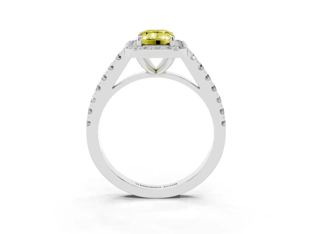 Fancy Yellow Emerald Cut Diamond Halo Ring with Round Pavé Split Shank and Prong Setting Silver