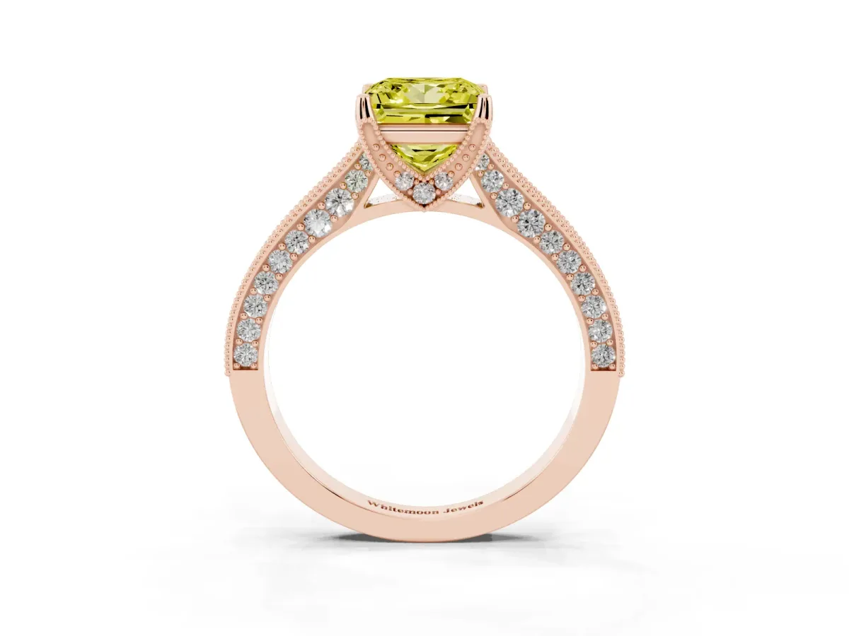 Fancy Yellow Princess Cut Cut Diamond Solitaire Ring with Milgrain Pave Band and Four Prong Setting Rose gold