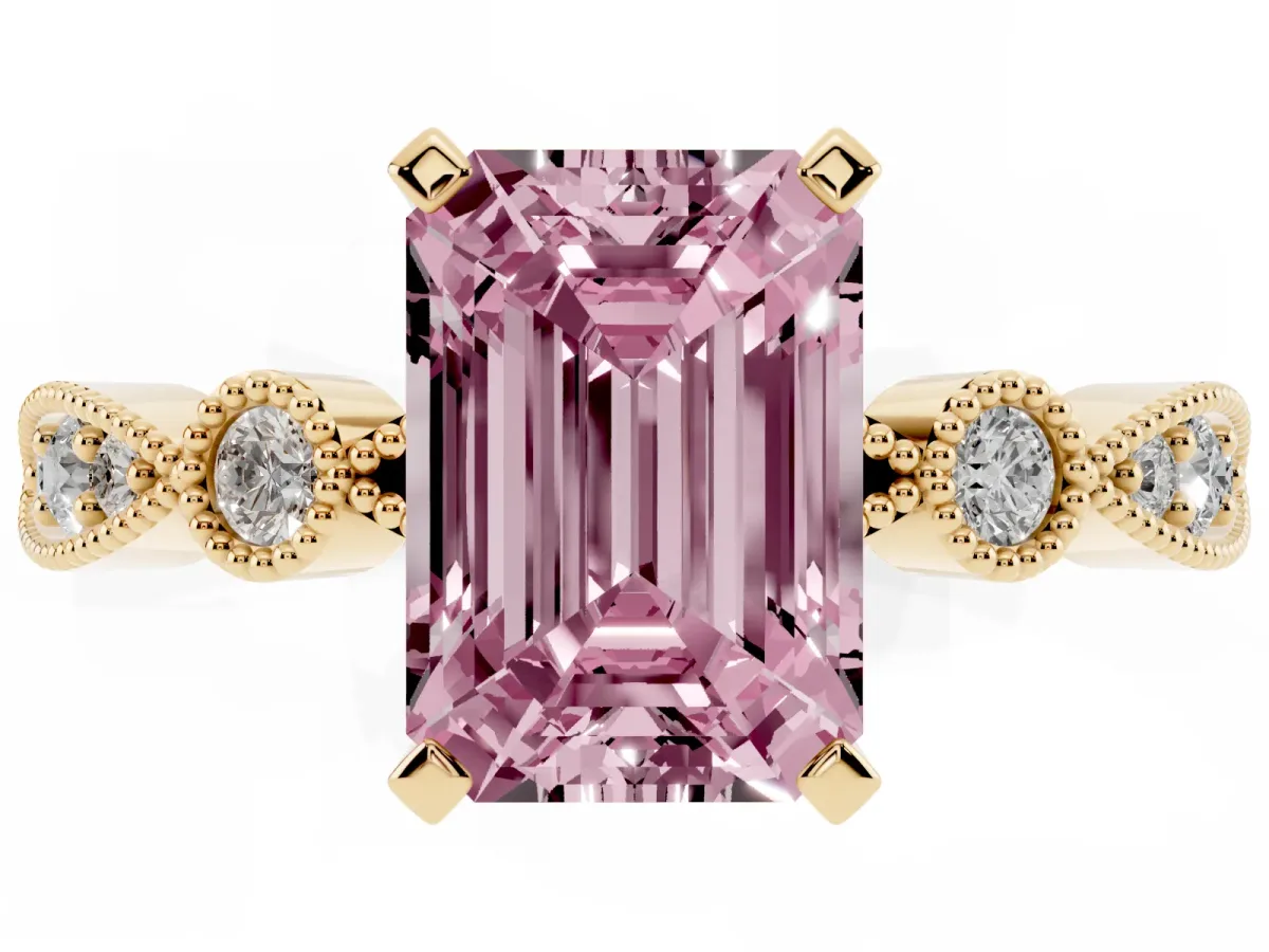 Fancy Pink Emerald Cut Milgrain Bezel Diamond Engagement Ring with Solitaire Prong Setting Yellow gold