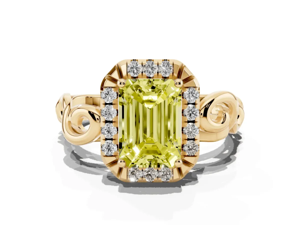 Fancy Yellow Emerald Cut Cut Halo Diamond Ring with Scrollwork Band and Four-Prong Setting Yellow gold
