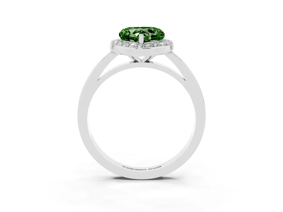Fancy Green Heart Cut Halo Diamond Ring with Solitaire Band and Prong Setting Silver
