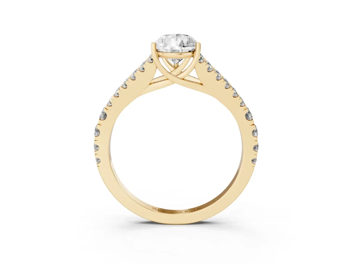 Pear Cut Diamond Split Shank Pavé Engagement Ring with Four-Prong Setting Yellow gold