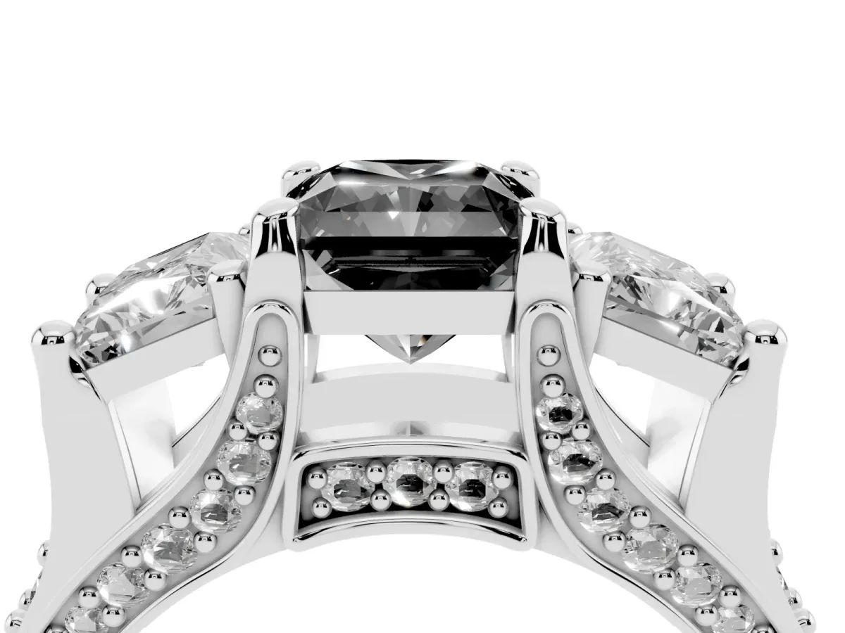 Fancy Black Radiant Cut Diamond Three-Stone Ring with Channel Set Band and Four-Prong Setting Platinum