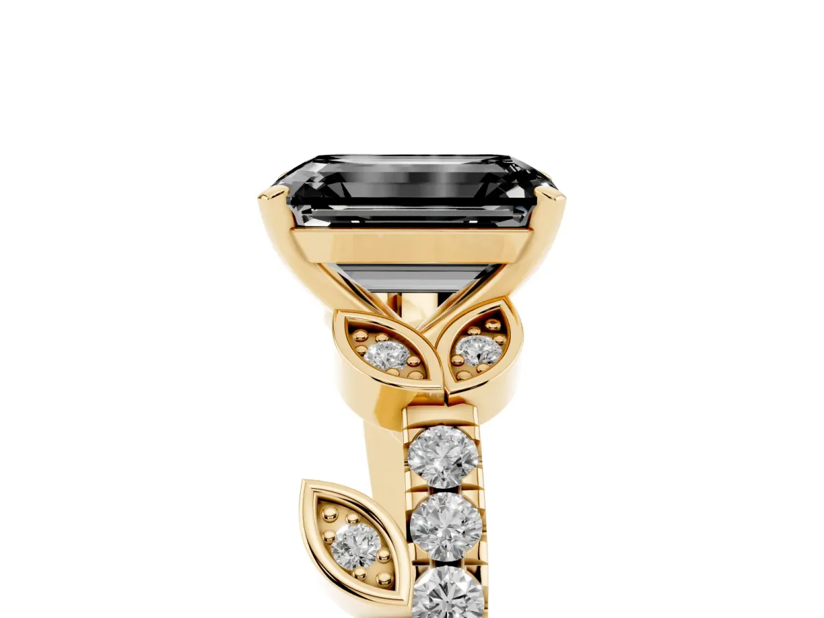 Fancy Black Emerald Cut Solitaire Leaf-Inspired Diamond Ring with Pavé Band and Four-Prong Setting Yellow gold