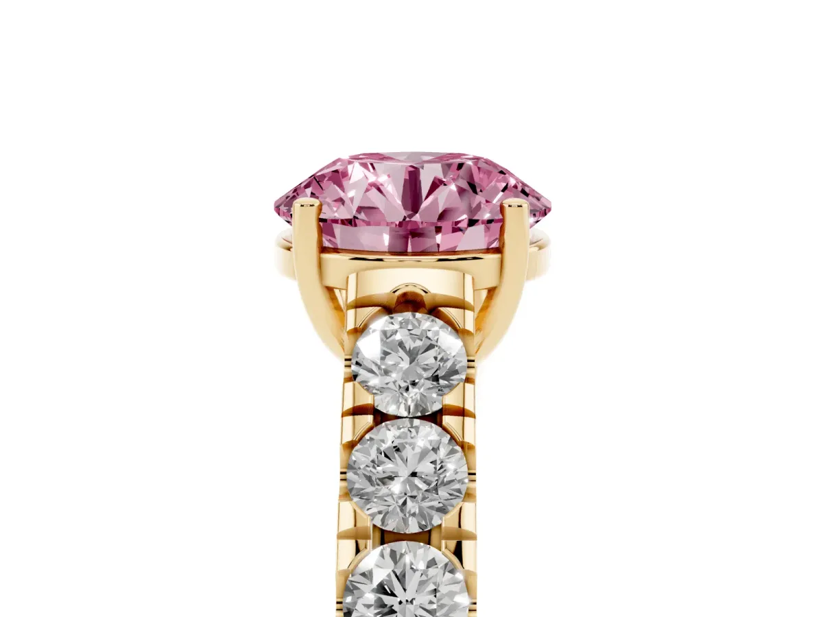 Fancy Pink Round Cut Cut Diamond Solitaire Ring with Micro Pave Band and Prong Setting Yellow gold