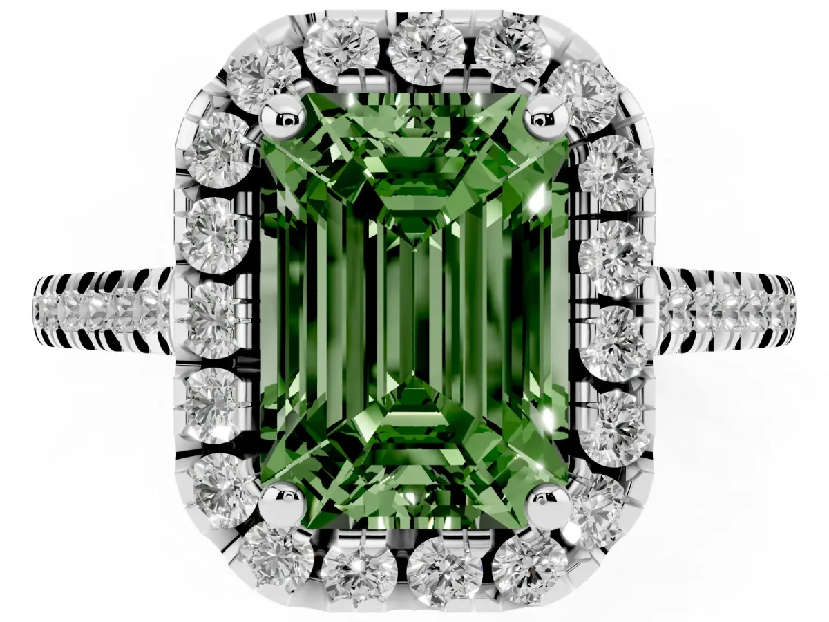 Fancy Green Emerald Cut Diamond Cushion Halo Ring with Pavé Band Silver