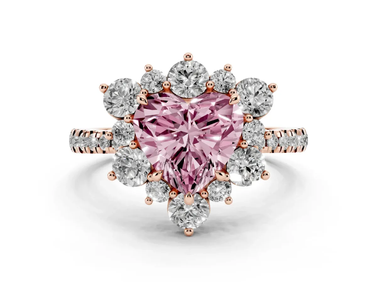 Fancy Pink Heart Cut Diamond Floral Halo Ring with Round Pavé Band and Prong Setting Rose gold