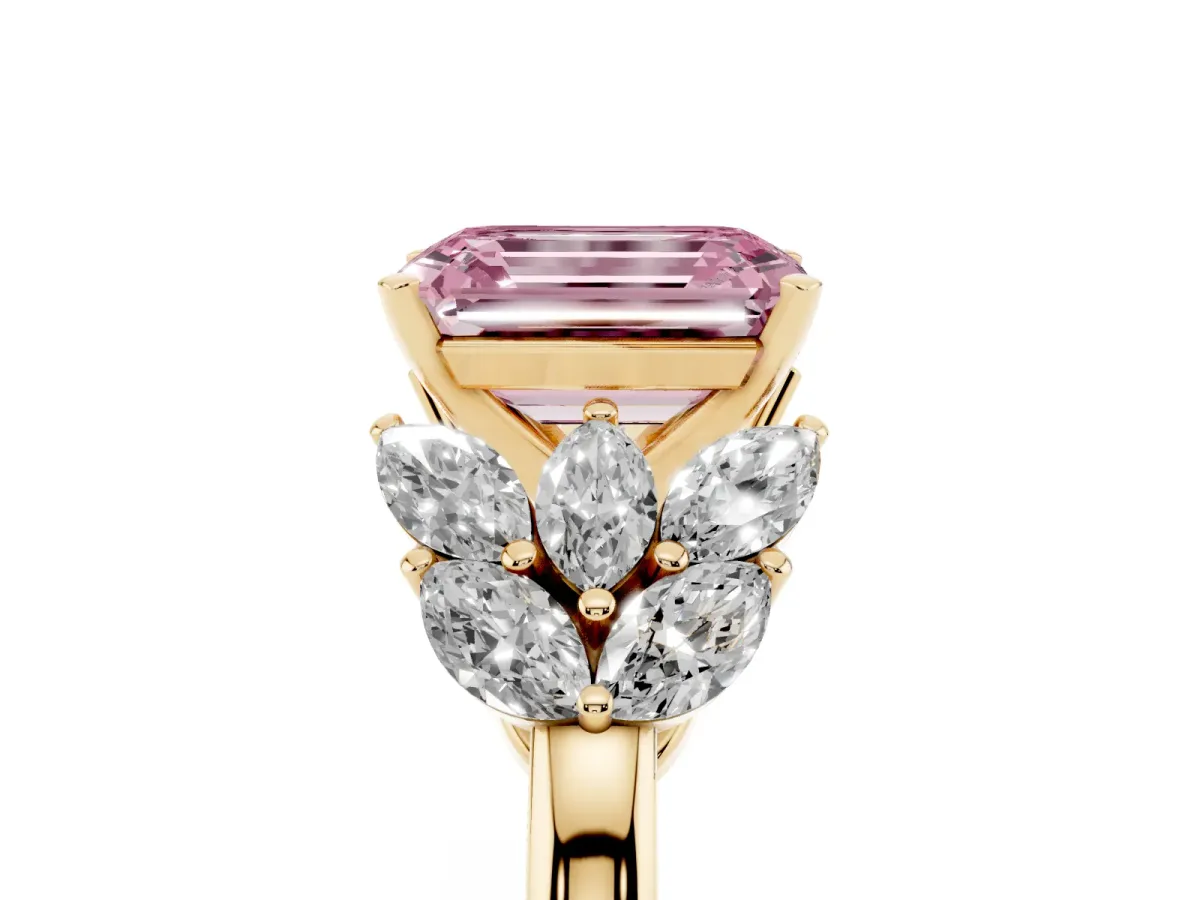 Fancy Pink Emerald Cut Diamond Cluster Leaf Design Ring with Prong Setting Yellow gold