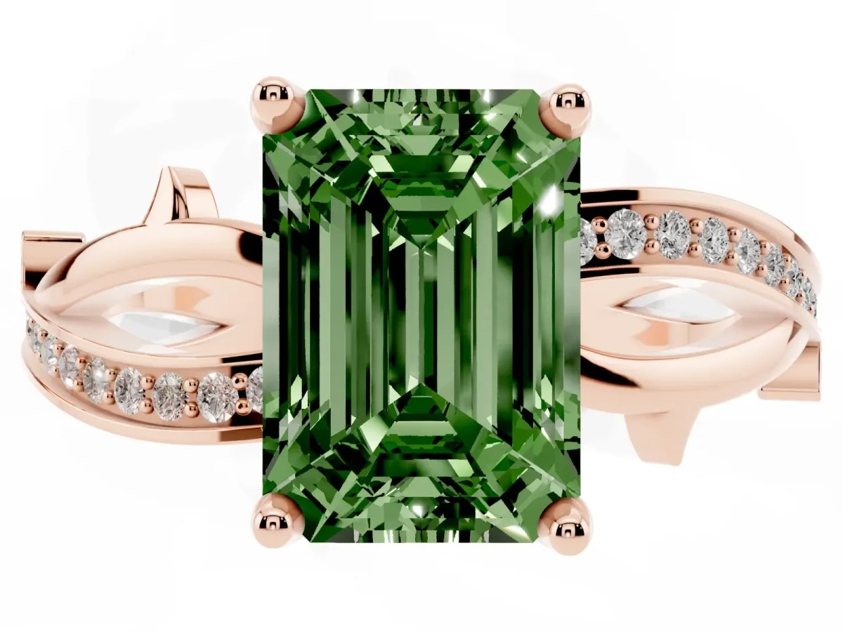 Fancy Green Emerald Cut Solitaire Twist Band with Pavé Accents and Four-Prong Setting Rose gold